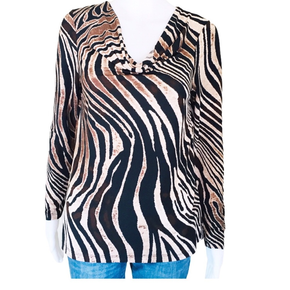 LAURA PETITES Animal Print Top With Twist V Cut & Long Sleeves Brown/Tan Small